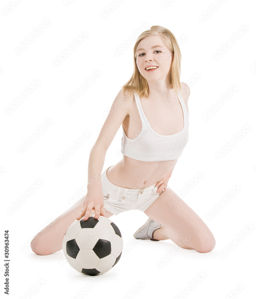Bright picture of sexy woman with soccer ball over white