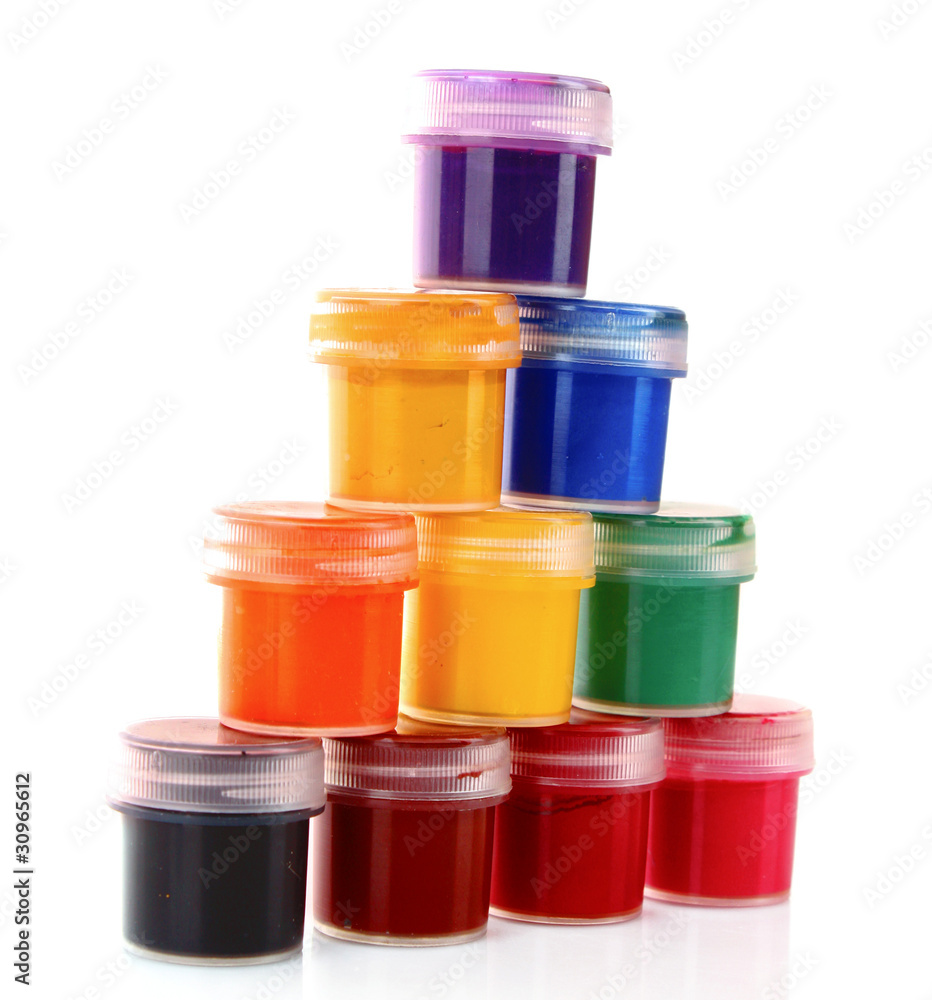 Colorful vibrant cans of gouache isolated on white Colorful vibrant cans of gouache isolated on white
