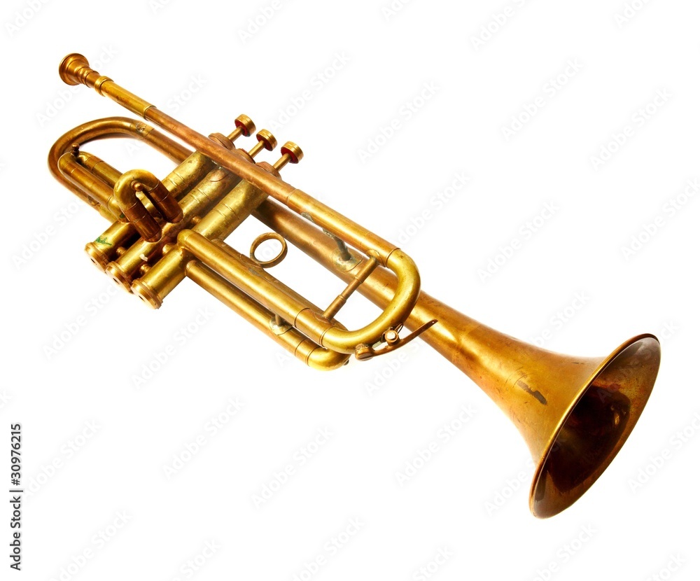 Obraz premium Vintage golden trumpet isolated on white background