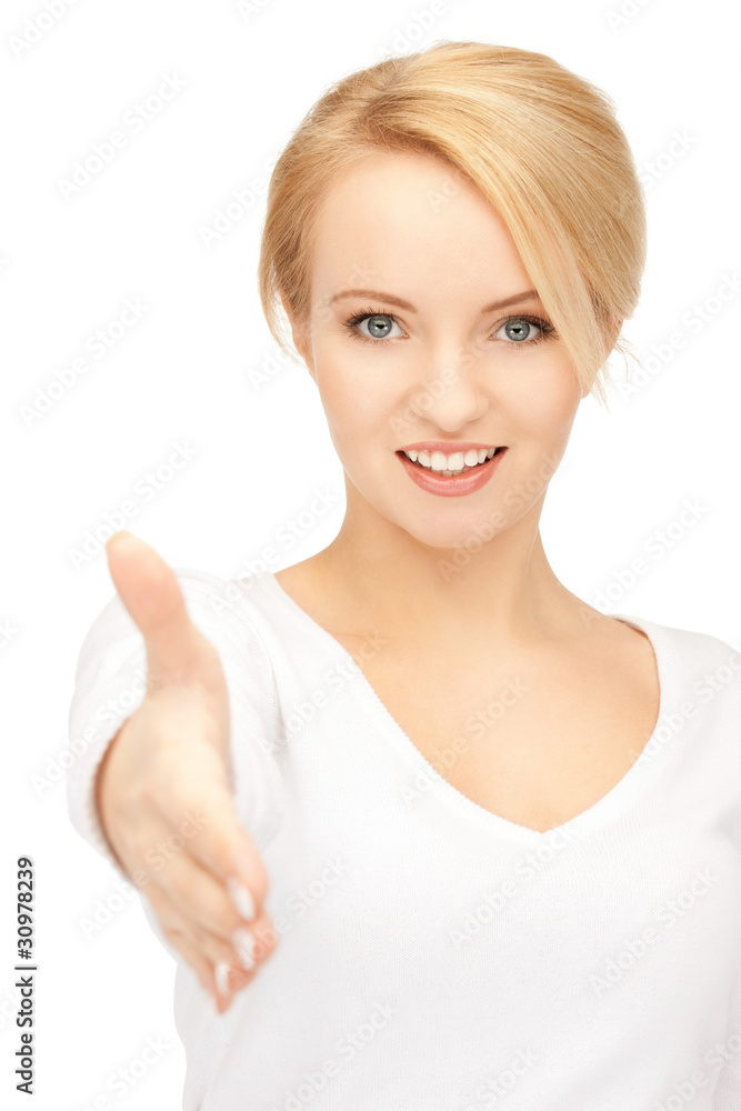 woman with an open hand ready for handshake woman with an open hand ready for handshake