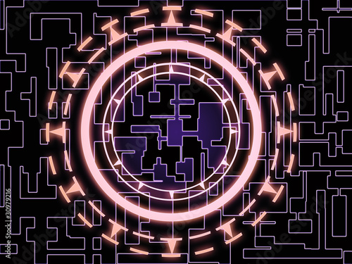 violet circuit patterns on black with red glowing gear wheel
