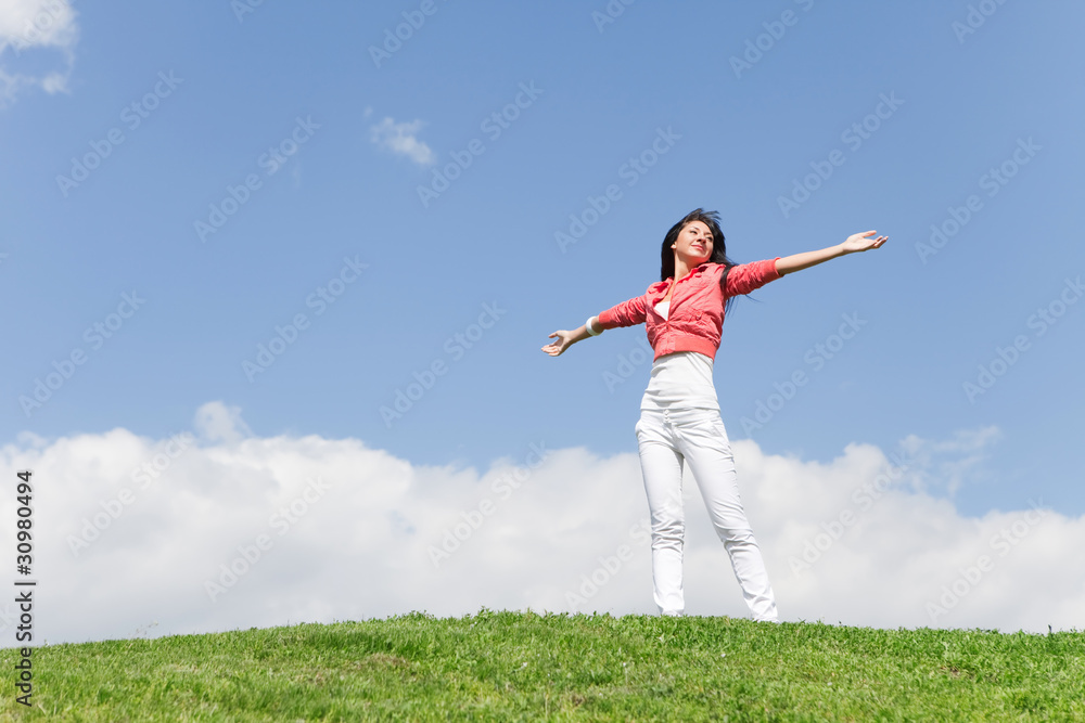 happy young woman dreams to fly on winds happy young woman dreams to fly on winds