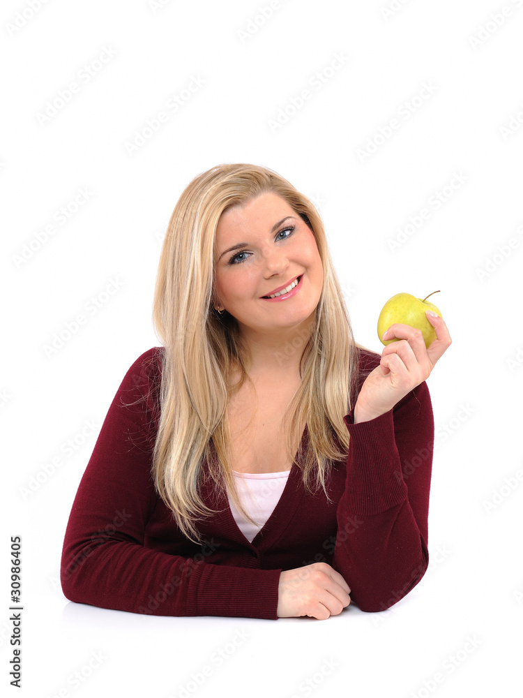 Pretty casual female with green apple. isolated Pretty casual female with green apple. isolated