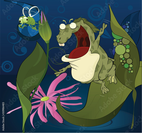 The big green toad and a fly. Cartoon