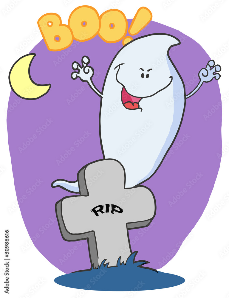 Fototapeta premium Spooky Halloween Ghost Emerging Behind A Tombstone Over Purple