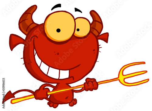 Grinning Yellow Eyed Red Devil With Horns, Holding A Pitchfork