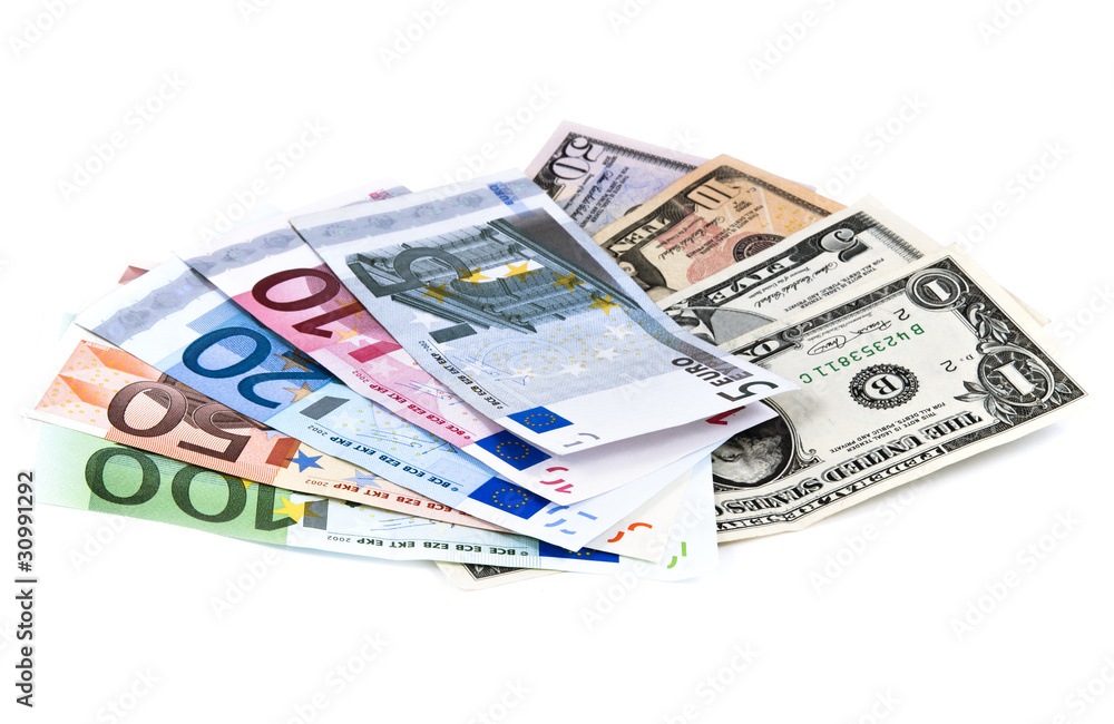 bright set of different euro and dollar notes isolated over whit bright set of different euro and dollar notes isolated over whit