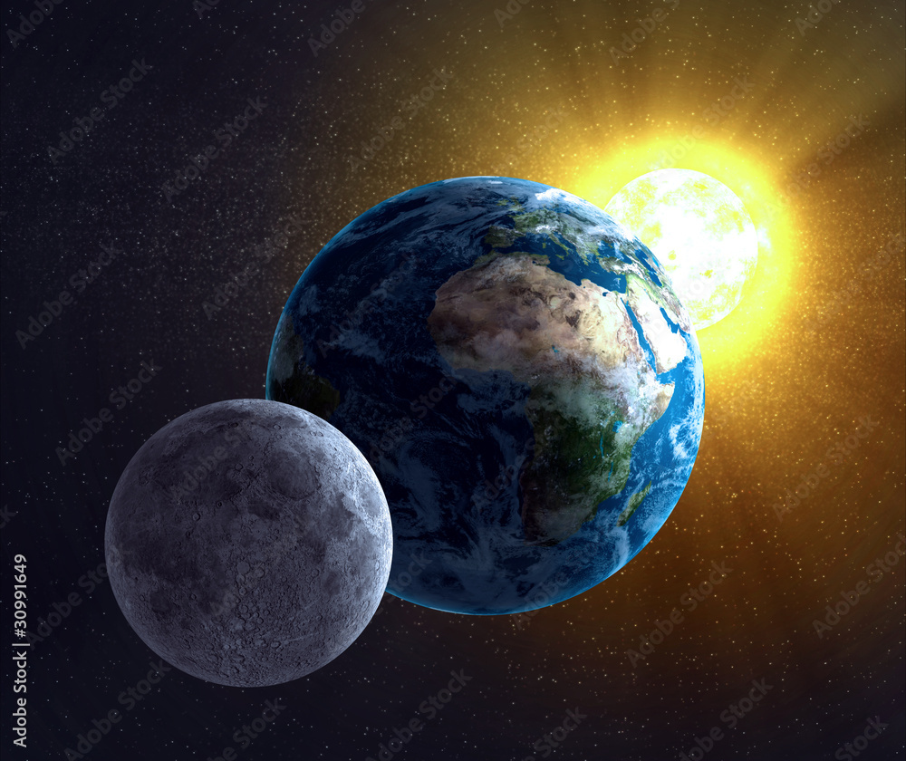 Astronomy illustration - Moon, Earth and the Sun