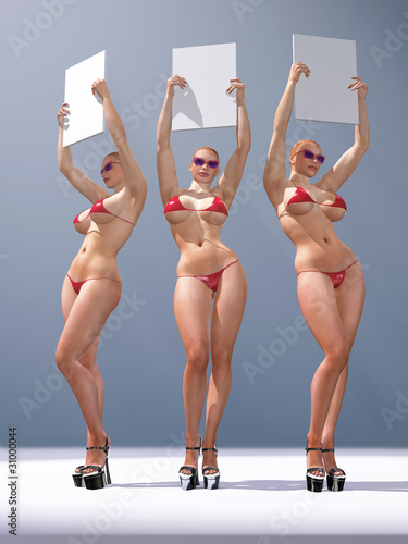 three sexy woman holding blank billboards