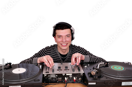 dj with turntables posing