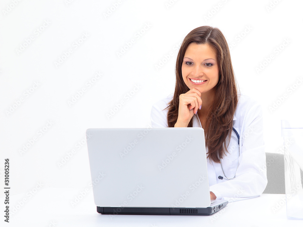 Businesswoman working at desk, isolated on white. Businesswoman working at desk, isolated on white.