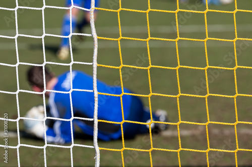 Football soccer goal net with grass background photo