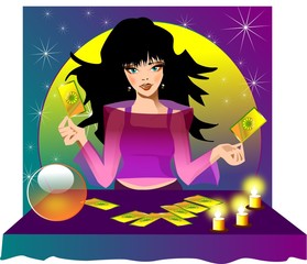 Fototapete Malerische Inspiration Wahrsagerin mit Tarotkarten Illustration  © bruniewska