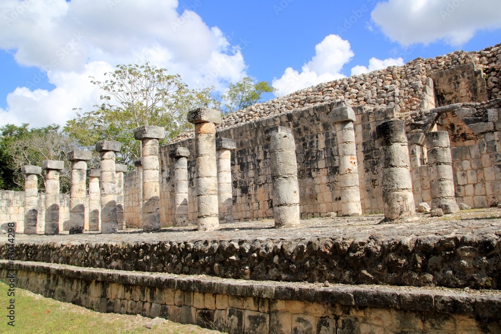 Columns Mayan Chichen Itza Mexico ruins in rows