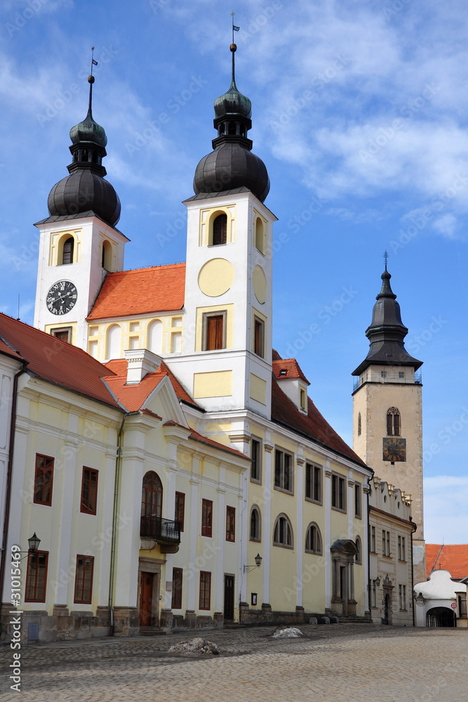 Castle and church in city of Telc, Unesco