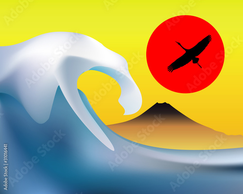 Tsunami in the background of Mount Fuji