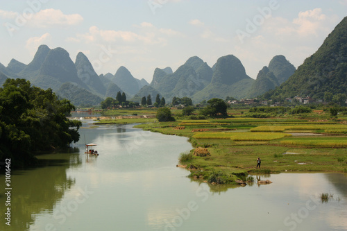 Photography Chinese landscape of Yangshuo with river and water meadows