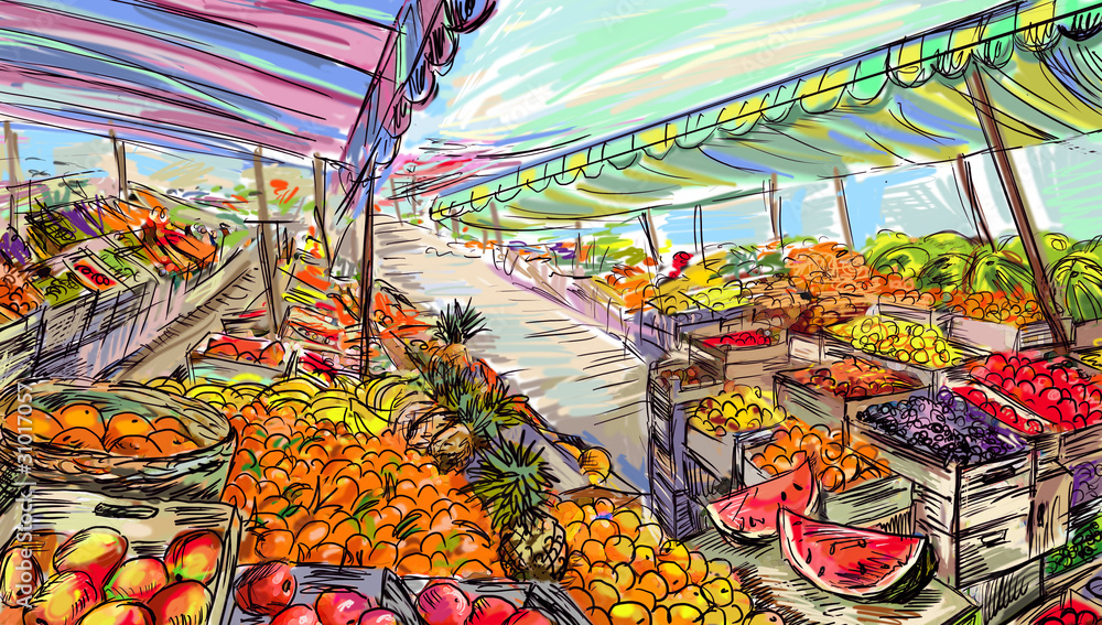 Fototapeta premium Fruits and vegetables street stall. Illustration