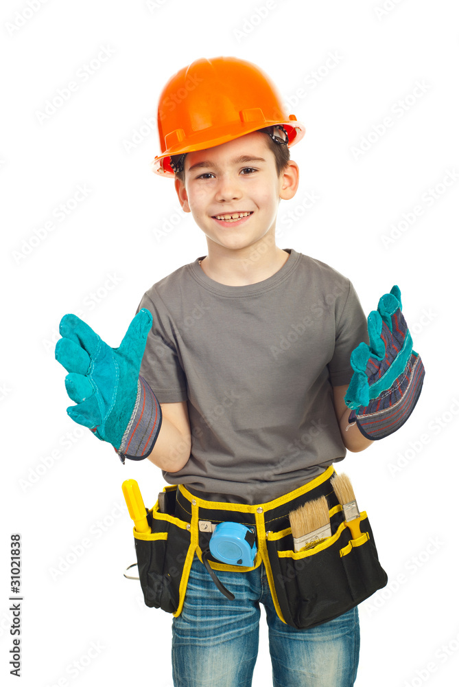 Happy kid boy  wearing big gloves