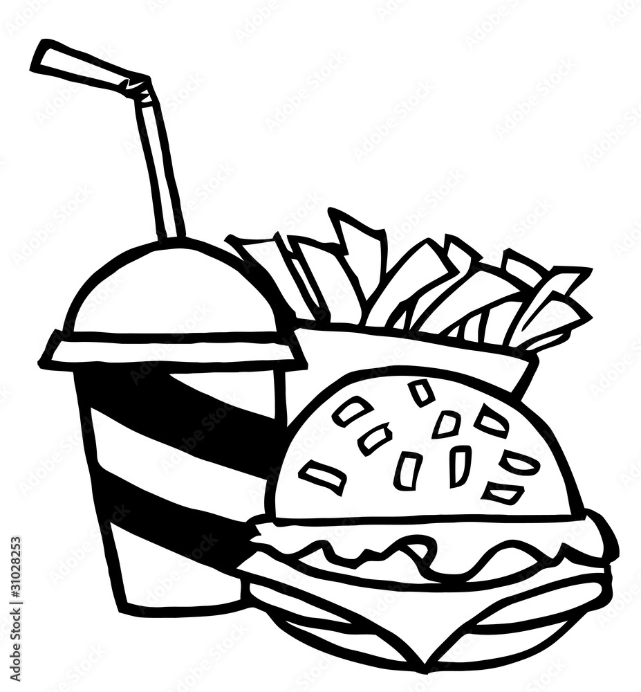 Outlined Cheeseburger With Cola And French Fries Outlined Cheeseburger With Cola And French Fries