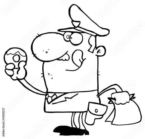 Hungry Outlined Cop Licking His Lips And Holding A Donut