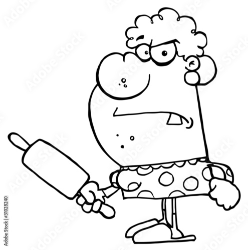 Mad Outlined Housewife Holding A Rolling Pin