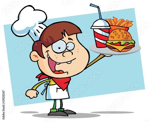 Burger Boy Holding Up A Cheeseburger, Fries And Drink