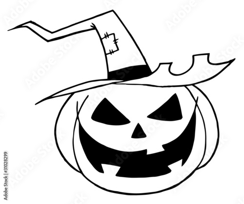 Black And White Outline Of A Jack O Lantern Wearing A Witch Hat