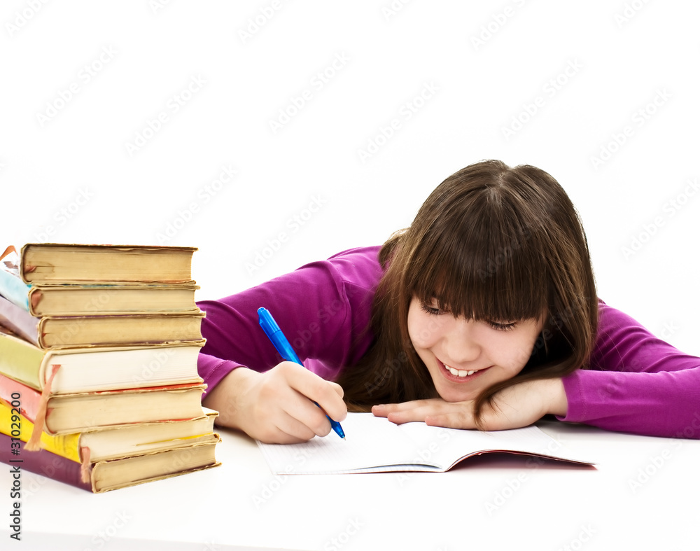 Casual student doing her homework Casual student doing her homework