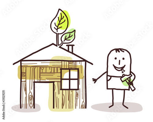 man and self-made wood house