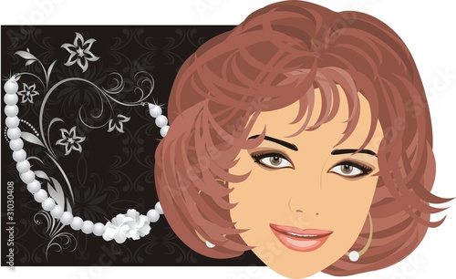Pearly necklace and woman portrait. Vector