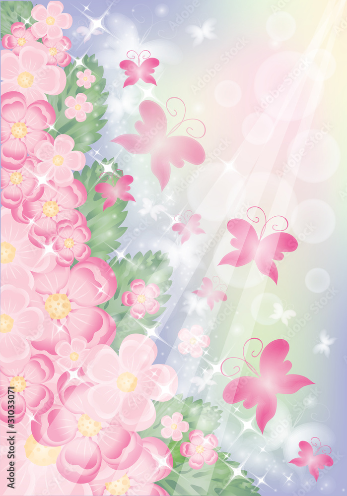 Flowers and Butterflies greeting card. vector illustration