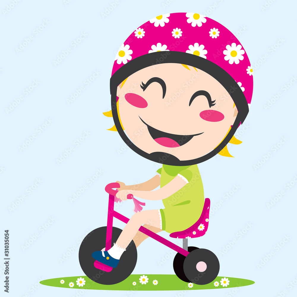 Sweet little girl driving a tricycle with safety helmet Sweet little girl driving a tricycle with safety helmet