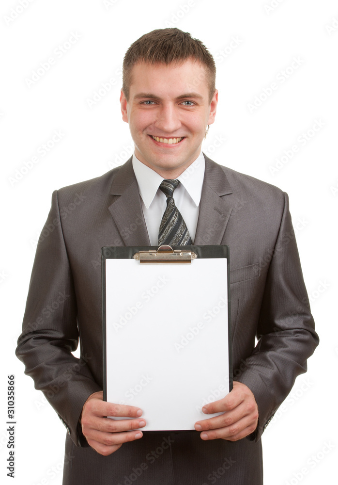 Smiling businessman holding clipboard Smiling businessman holding clipboard