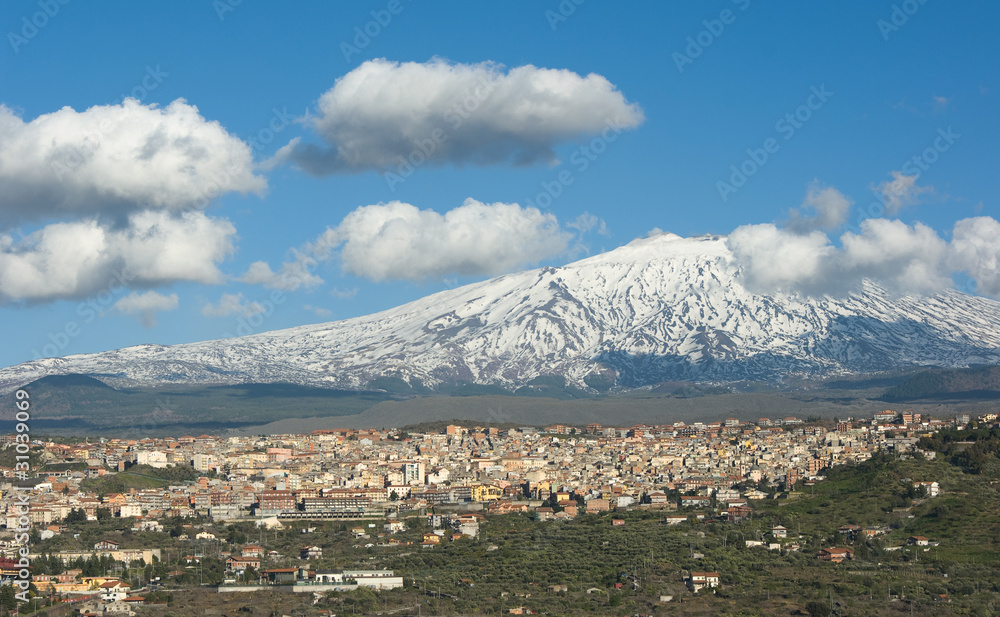 View Of Town Under Volcano Etna
