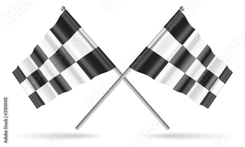 Vector two crossed checkered flags with optional ground shadows.