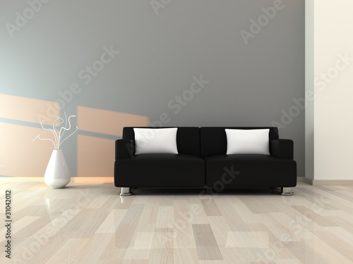 Interior of the modern room, grey wall and black sofa