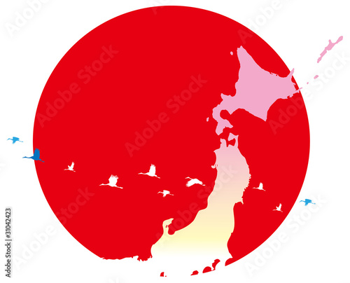 日本の象徴の日の出と日本地図のアイコン