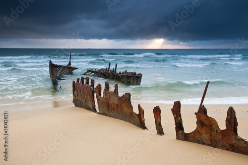 wreck on australian beach at sunrise  ss dicky wreck 