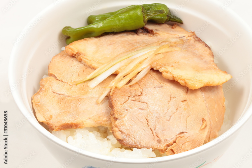 a bowl of rice topped with roast pork a bowl of rice topped with roast pork
