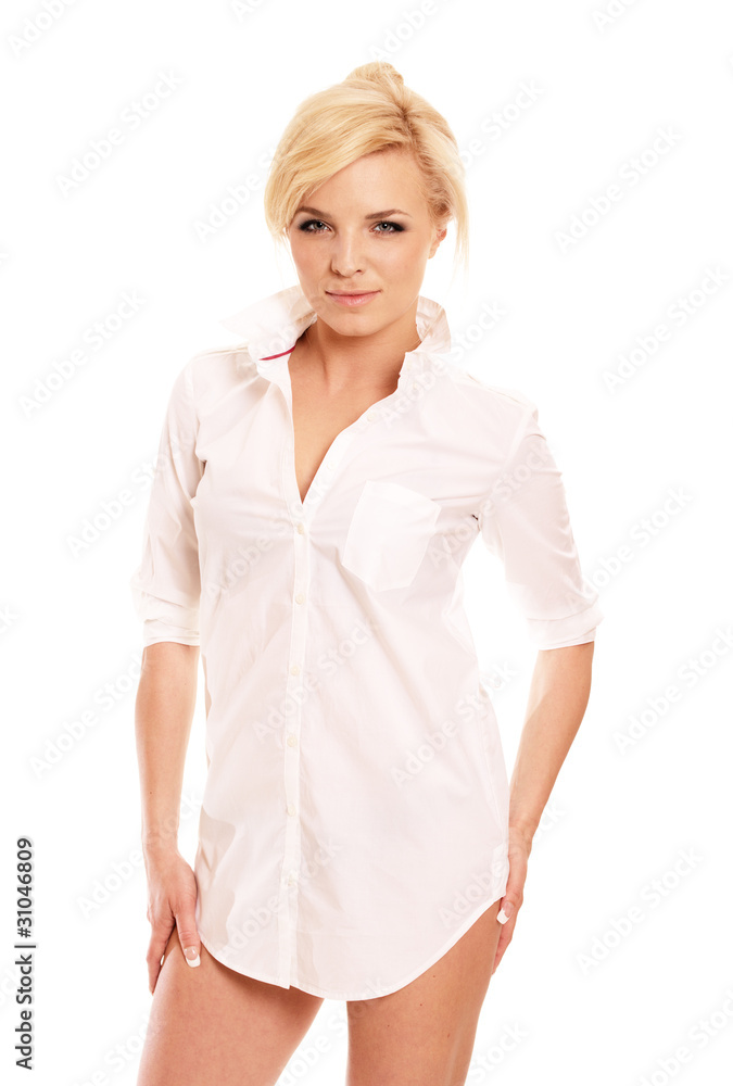 Gorgeous blonde woman in white shirt with naked hips Gorgeous blonde woman in white shirt with naked hips