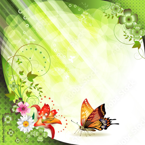 Springtime background with flowers and butterflies