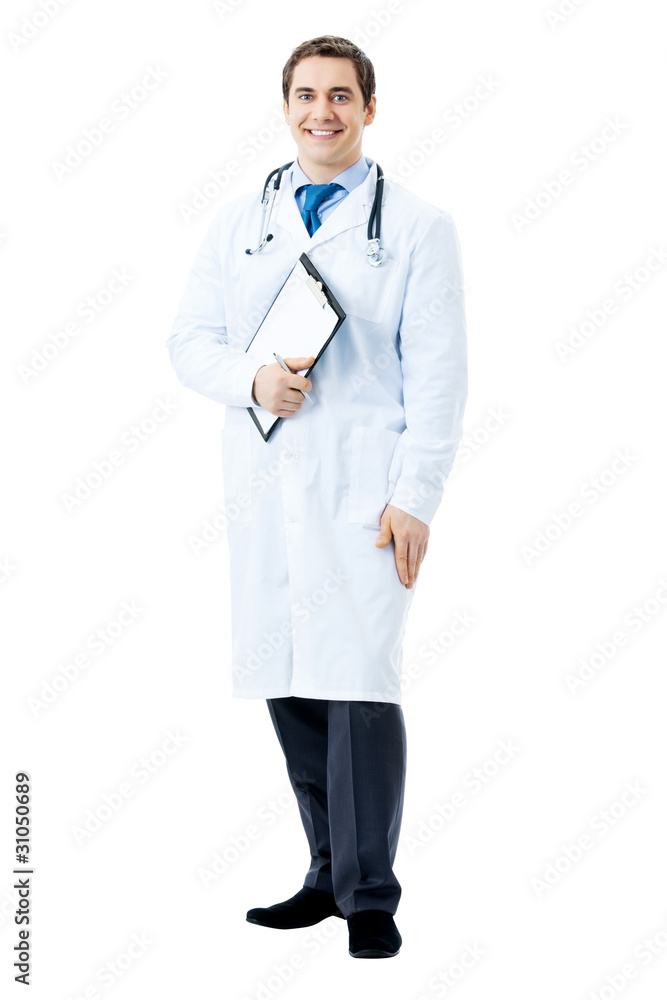 Full body portrait of happy smiling doctor, isolated on white Full body portrait of happy smiling doctor, isolated on white