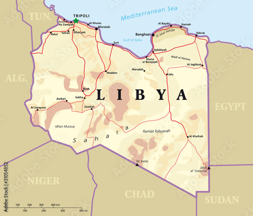 Libya political map with capital Tripoli, with national borders and most important cities. Illustration with English labeling and scaling.