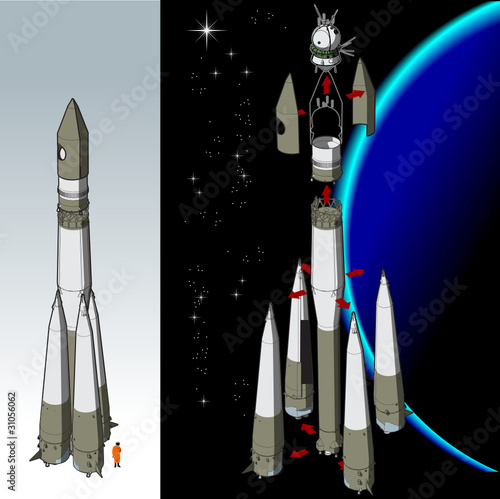 Vector hi-detailed space rocket with first spaceship