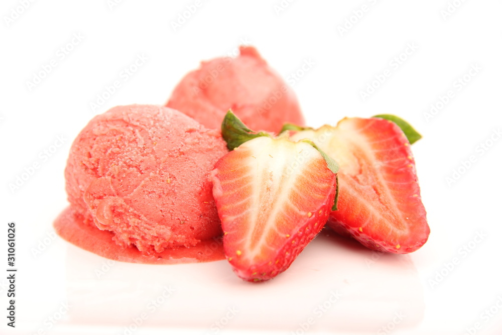 Strawberry ice cream scoops isolated on white