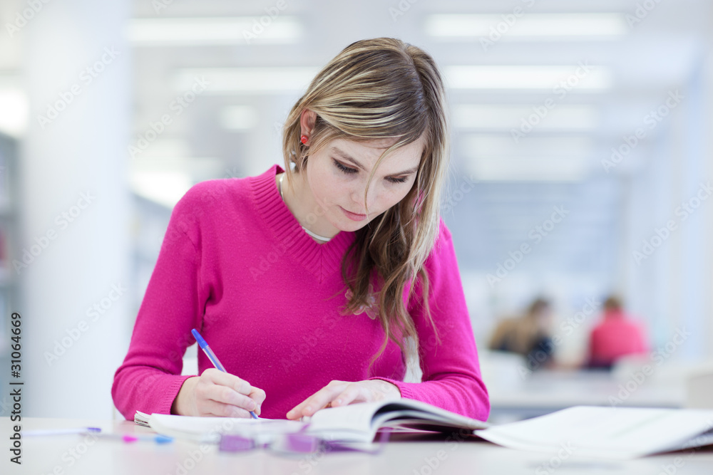in the library - pretty, female student with laptop and books in the library - pretty, female student with laptop and books