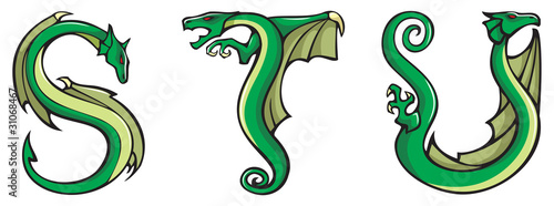Dragons alphabet series  letters S T U  fantasy font  vector