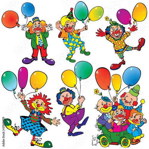 Funny clowns with balloons on a white background.