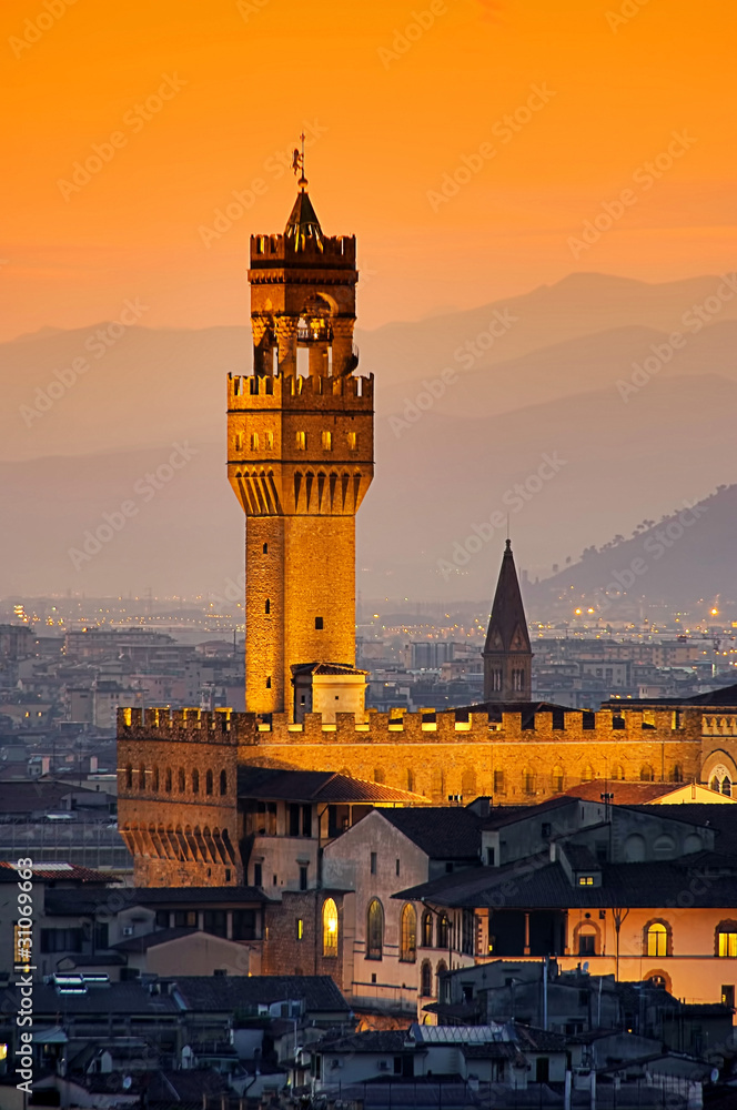 Florenz Palazzo Vecchio Abend 04 - obrazy, fototapety, plakaty 